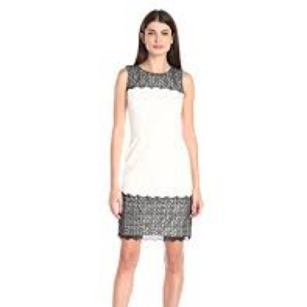 Calvin Klein | Black and Ivory Crochet Lace Trim Sleeveless Scuba Dress Size 16